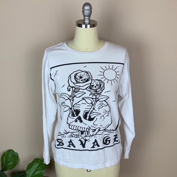 Eighty Eight Savage Skulls and Roses Long Sleeve white Tee - Size Small - Picture 1 of 7